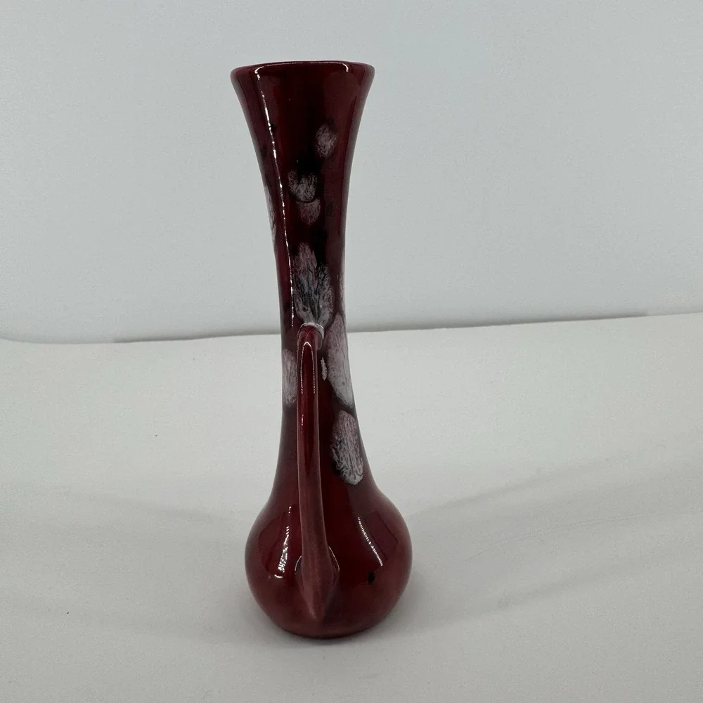Vtg Art Nouveau Red Subtle Floral Drip Glaze Mid Century Double Handled Bud Vase
